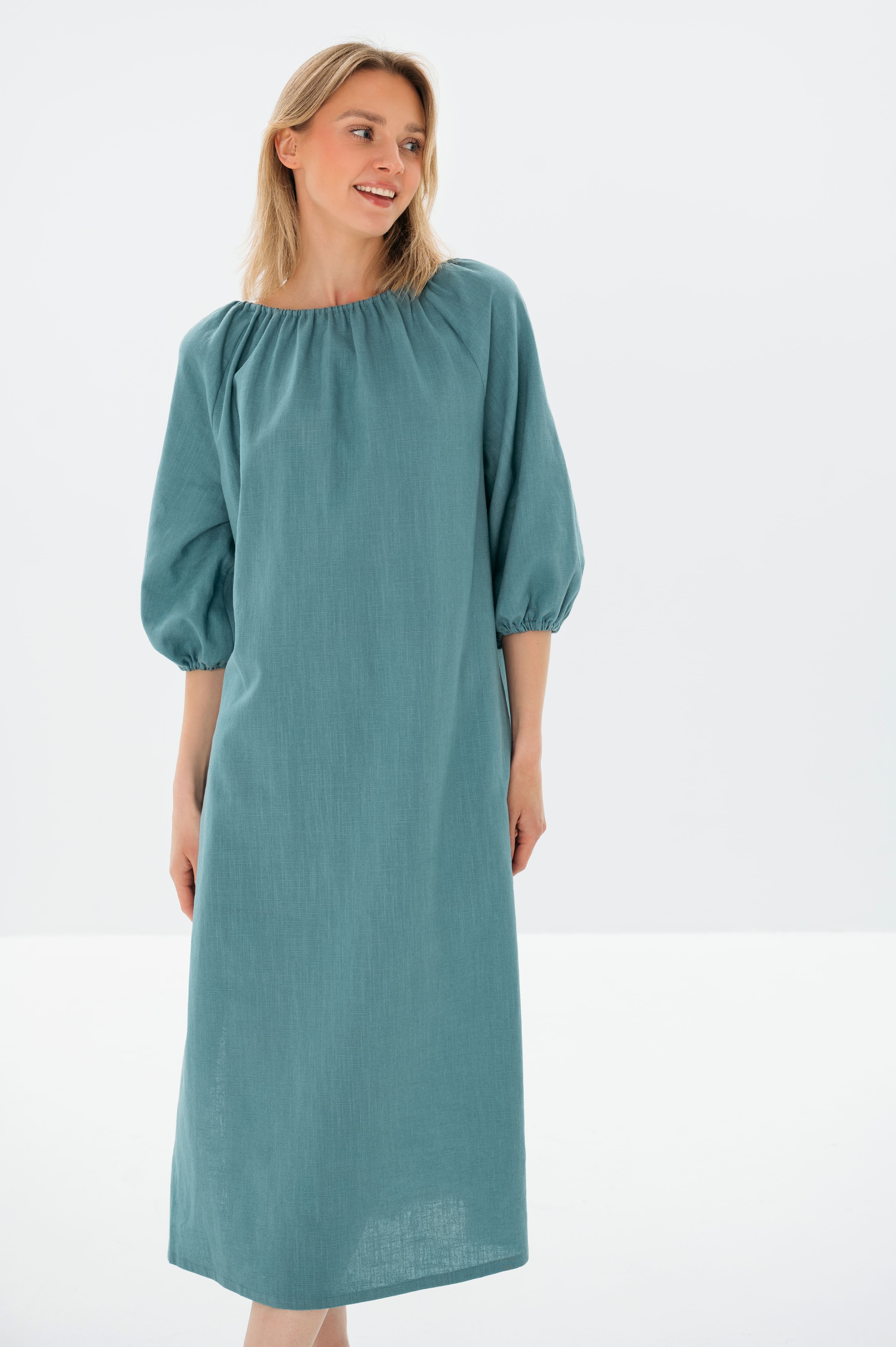 MOON — Off-Shoulder Stonewashed Linen Midi Dress