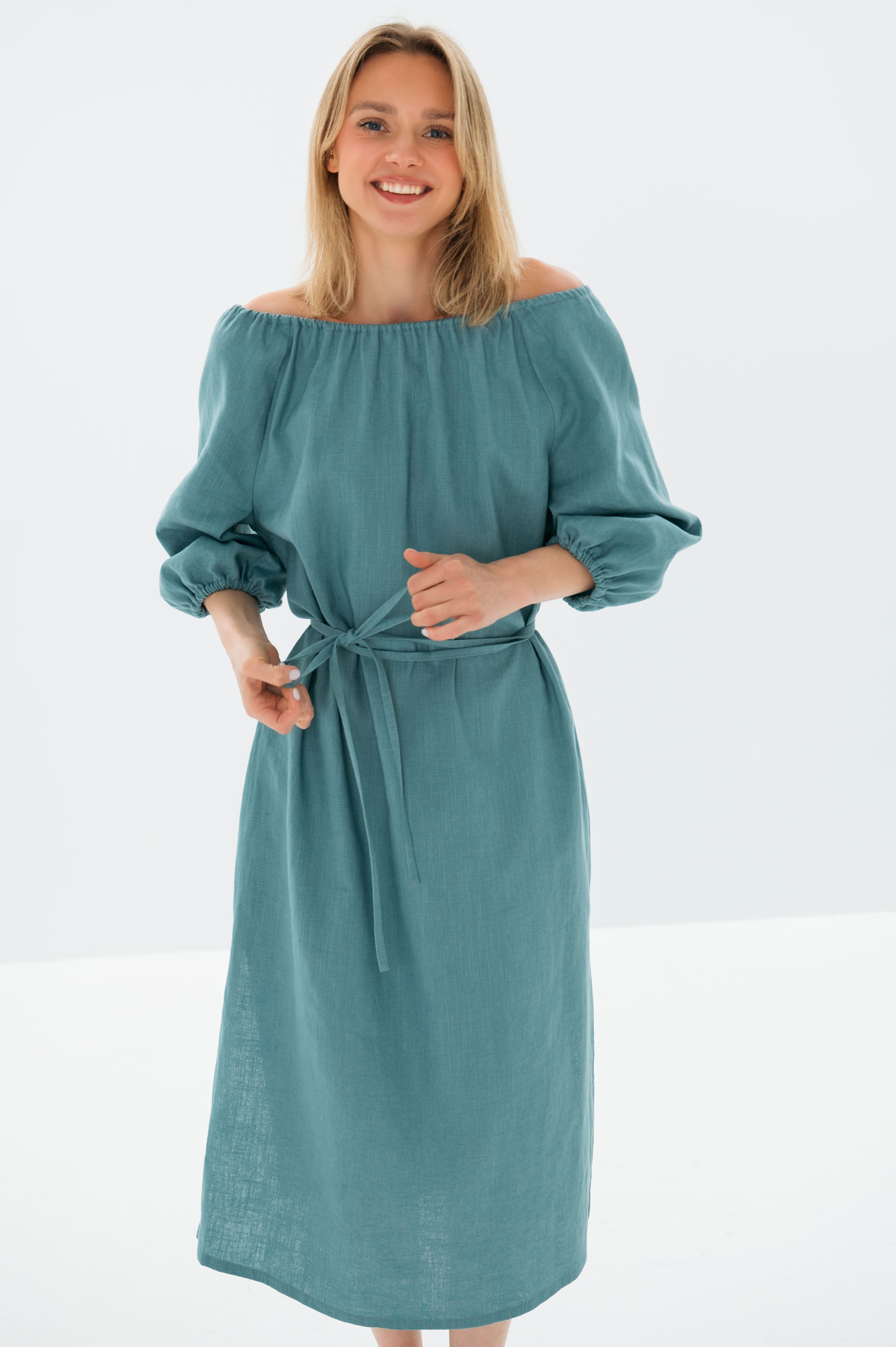 MOON — Off-Shoulder Stonewashed Linen Midi Dress