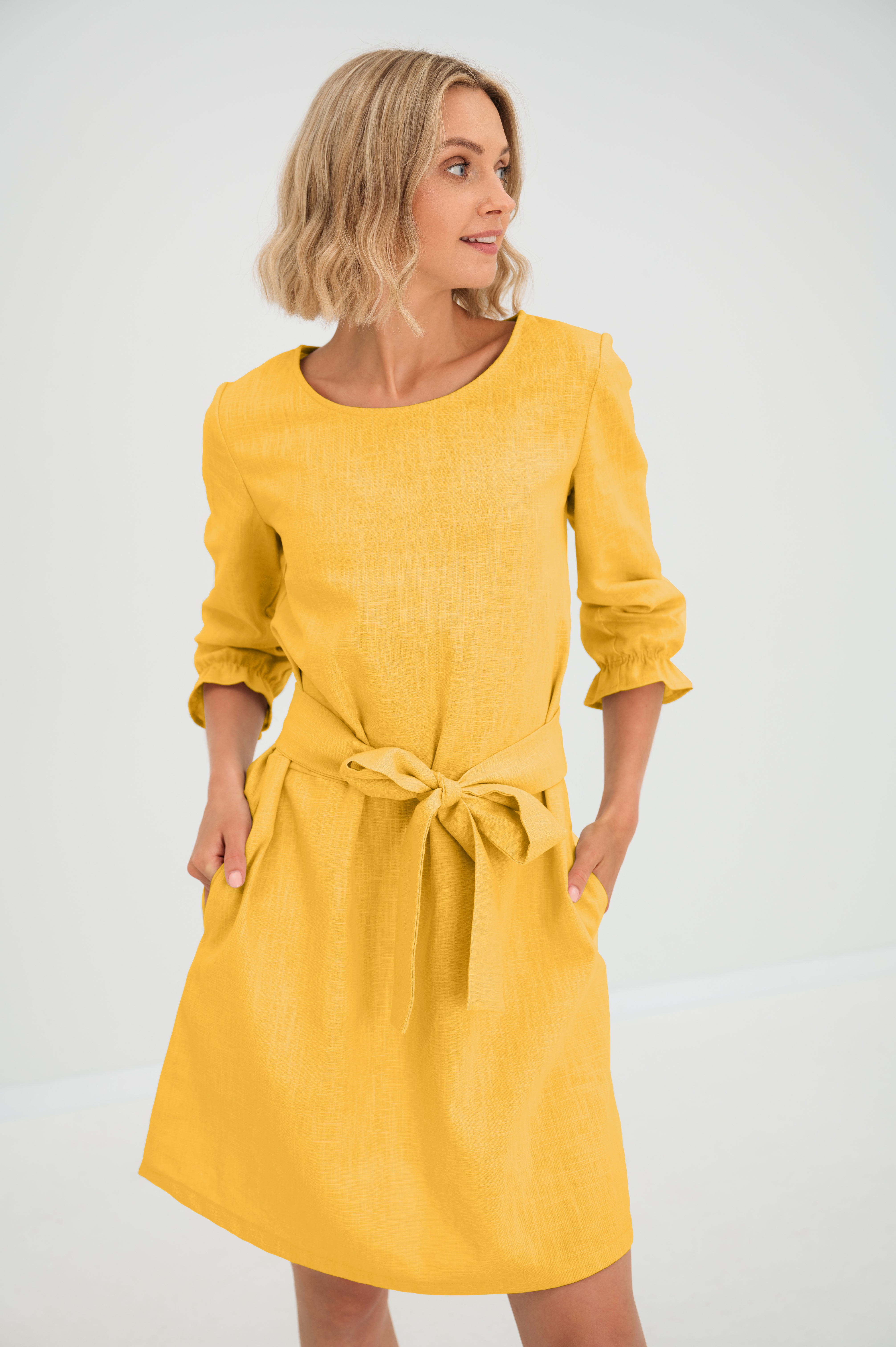 Linen dress EMMA — Stonewashed Linen with Pockets Yellow#Color_Yellow