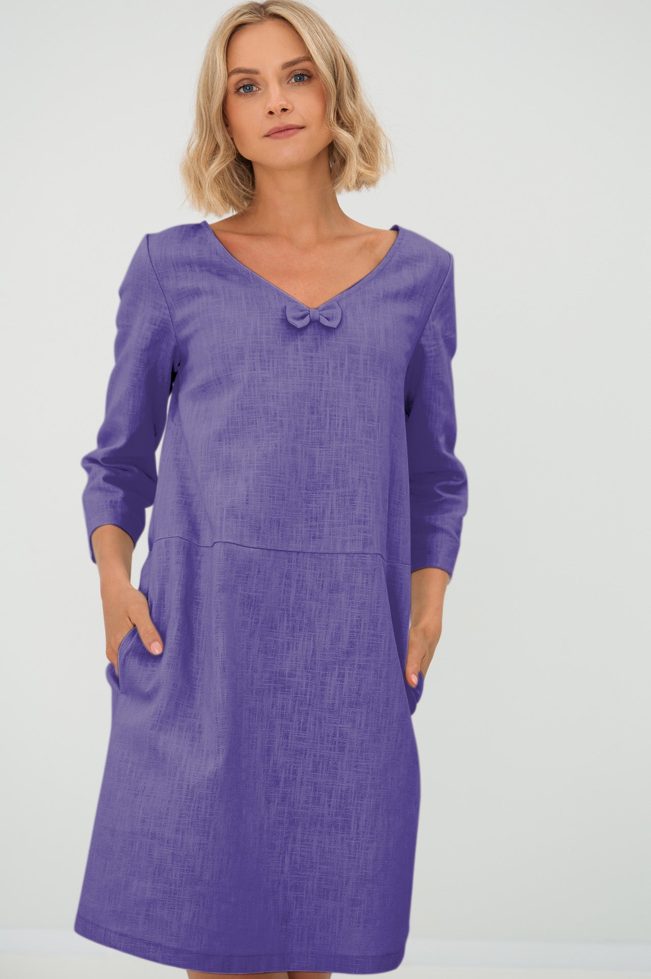 Linen dress SUN — Stonewashed V-Neck Linen Above the Knee Purple#Color_Purple