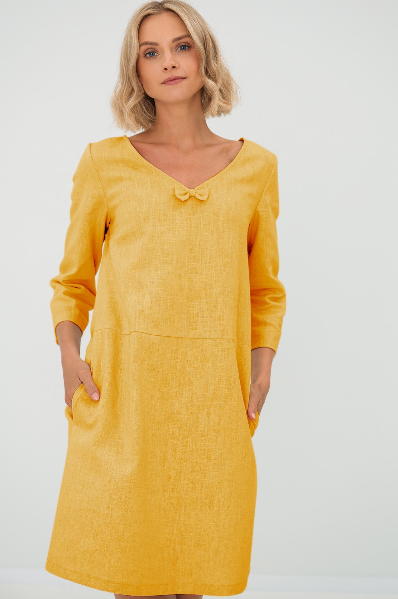 Linen dress SUN — Stonewashed V-Neck Linen Above the Knee Yellows#Color_Yellows