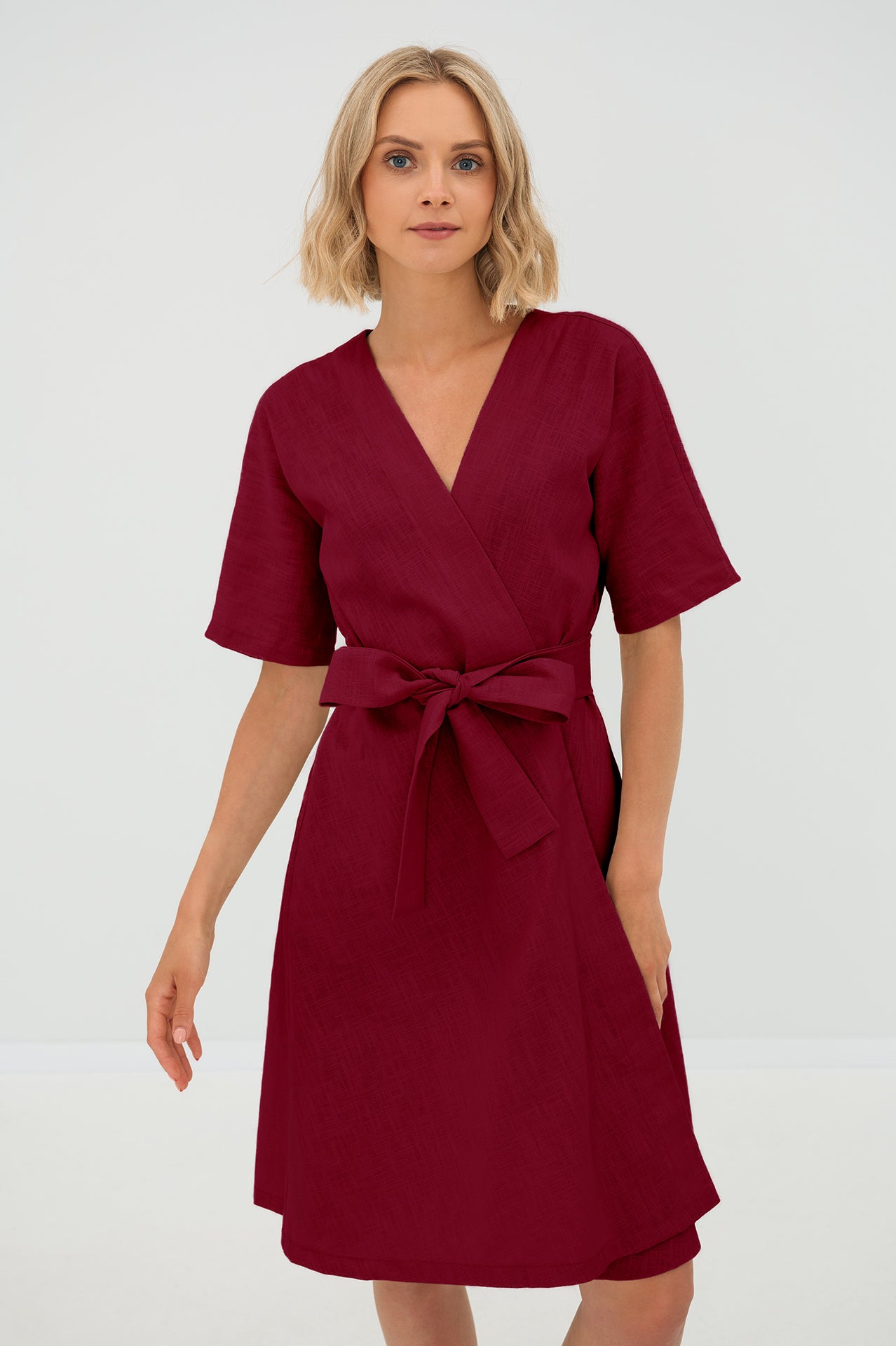 CHLOE — Wrap-Style Linen Dress with Pockets — Cerise#Color_Cerise