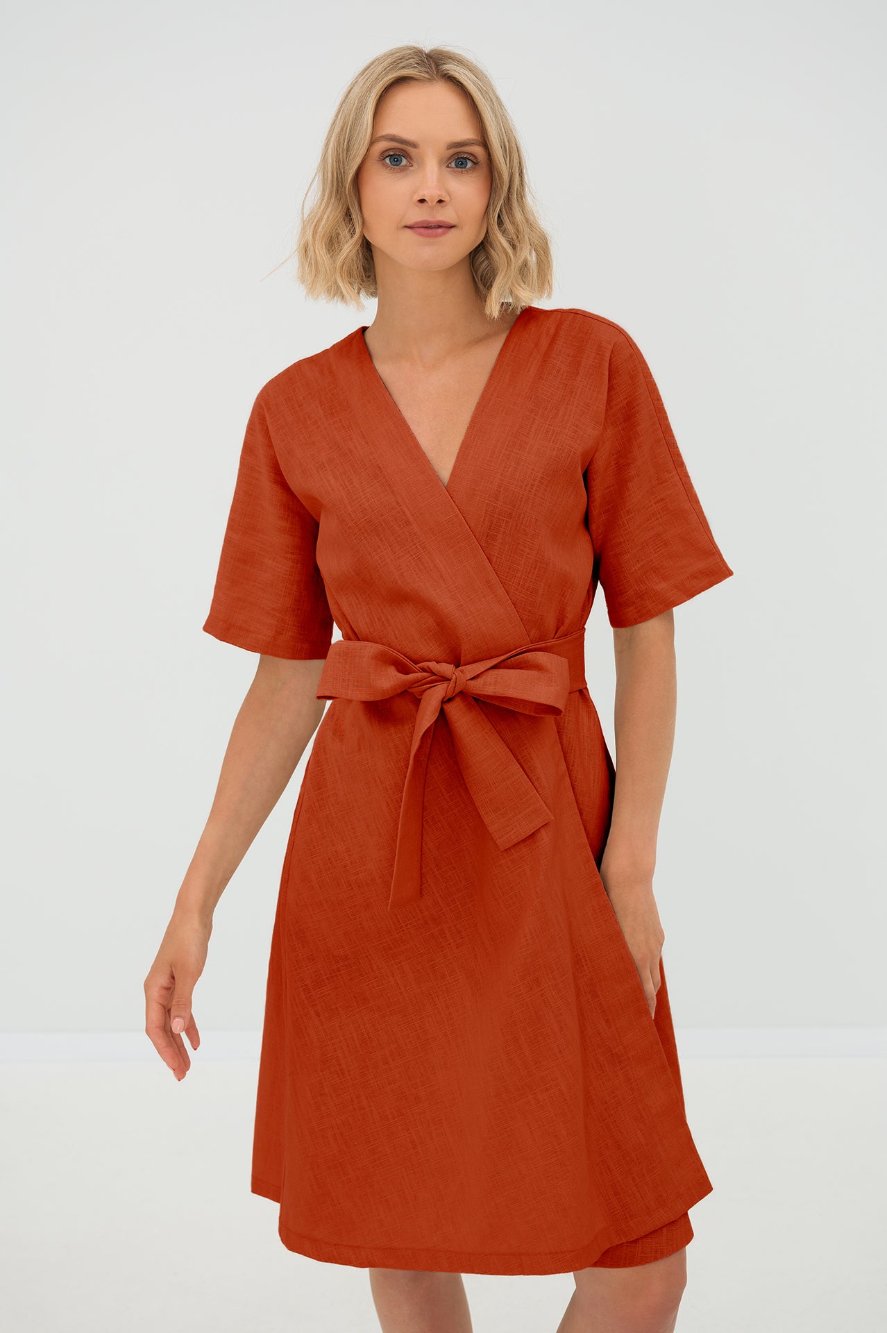 CHLOE — Wrap-Style Linen Dress with Pockets — Orange#Color_Orange