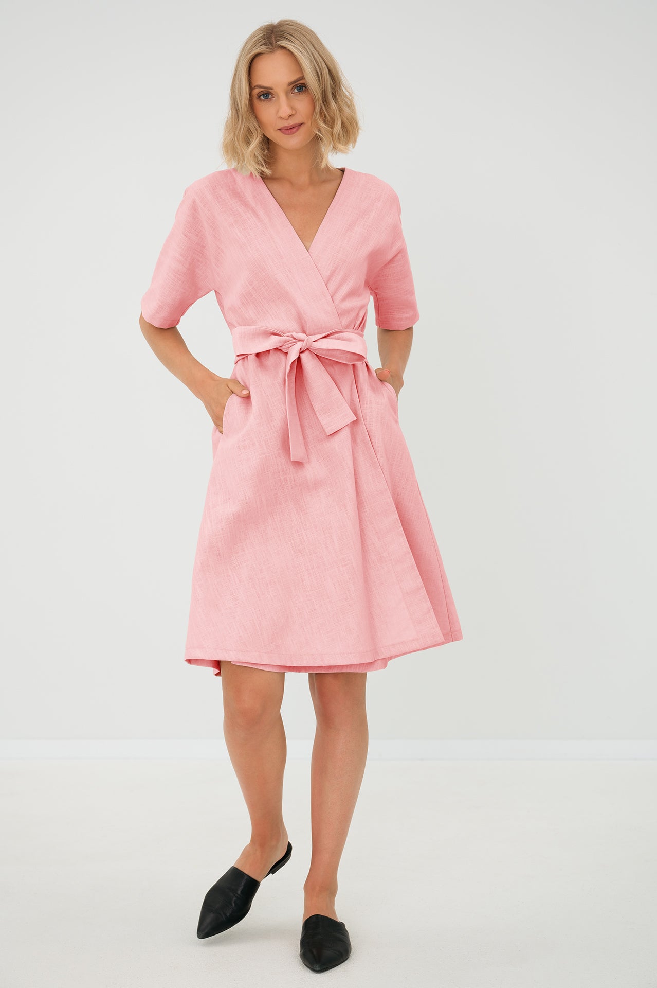 CHLOE — Wrap-Style Linen Dress with Pockets — Rose#Color_Rose