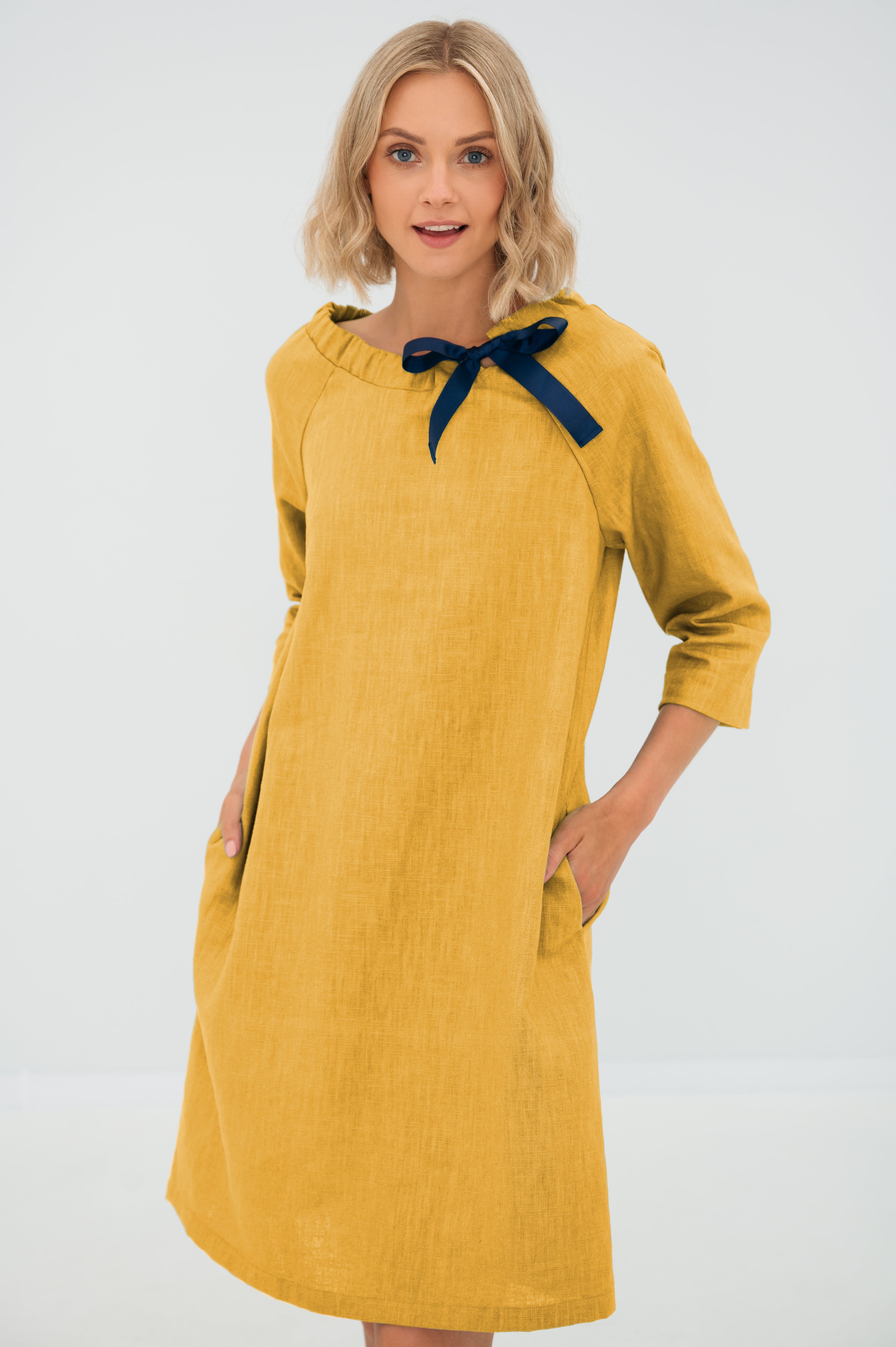Linen dress FRENCH — Stonewashed Linen with an Adjustable Bow Yellows#Color_Yellows