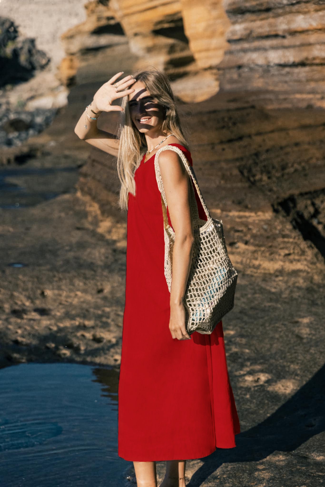 SUNSET — Sleeveless V-Neck Linen Midi Dress — Red#Color_Red