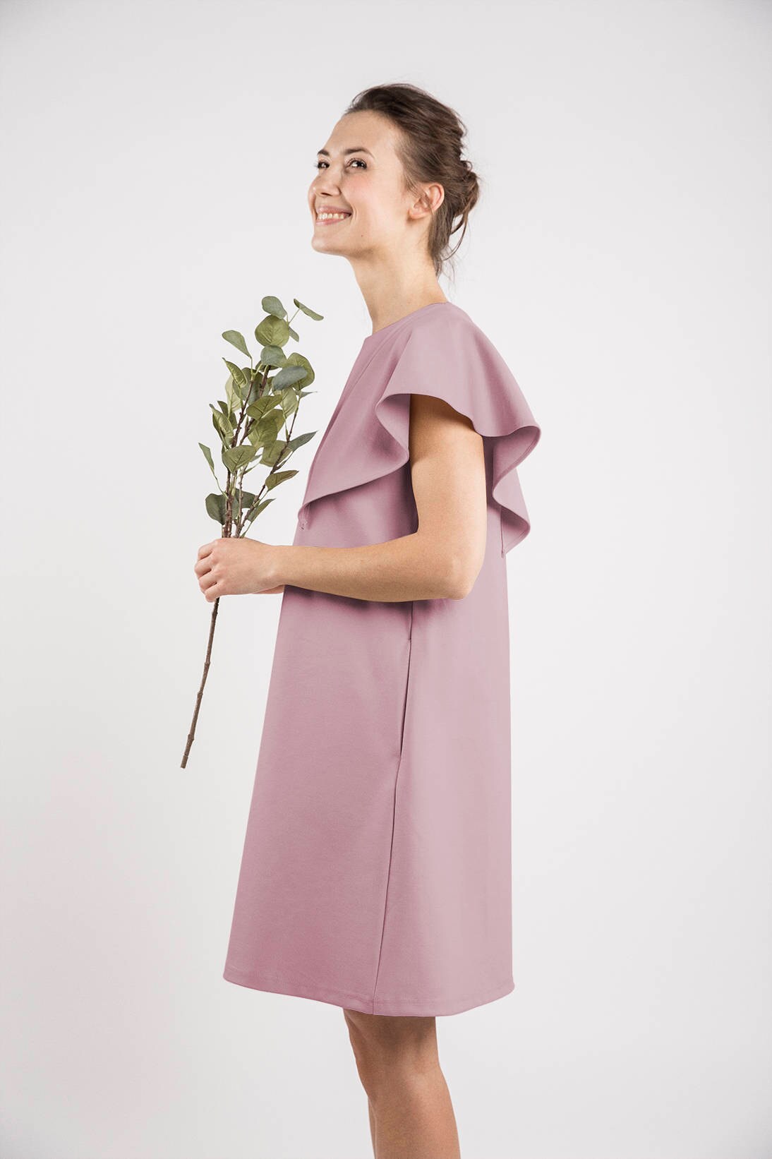 WING — Robe en maille Punto Milano italienne à manches volantées