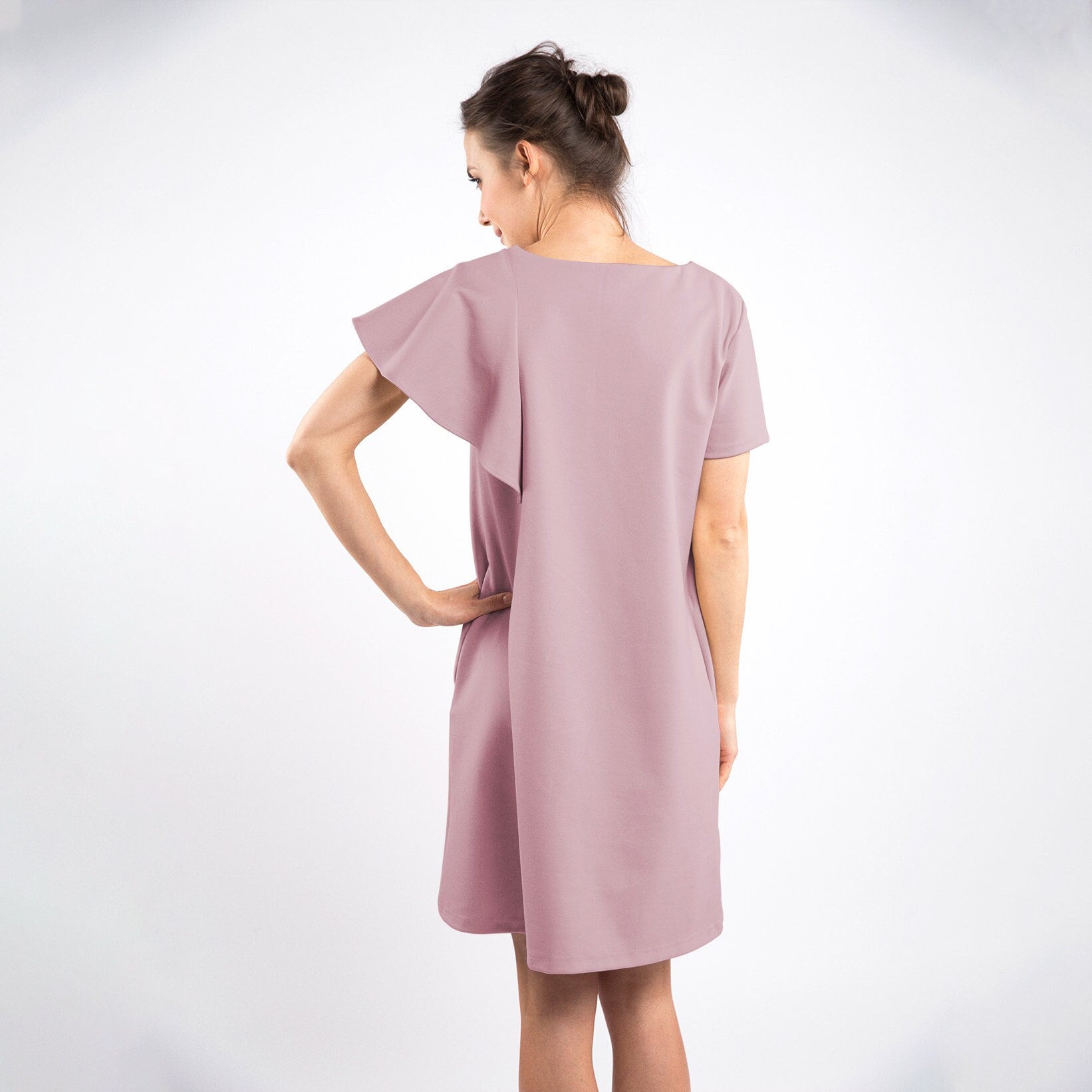 WING — Robe en maille Punto Milano italienne à manches volantées