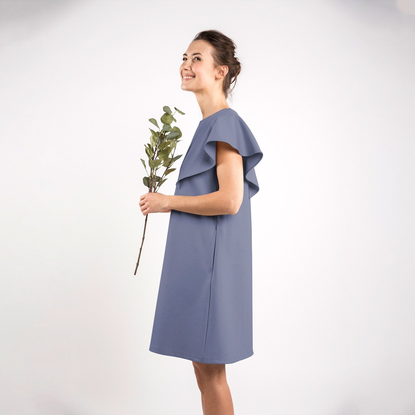 WING — Robe en maille Punto Milano italienne à manches volantées