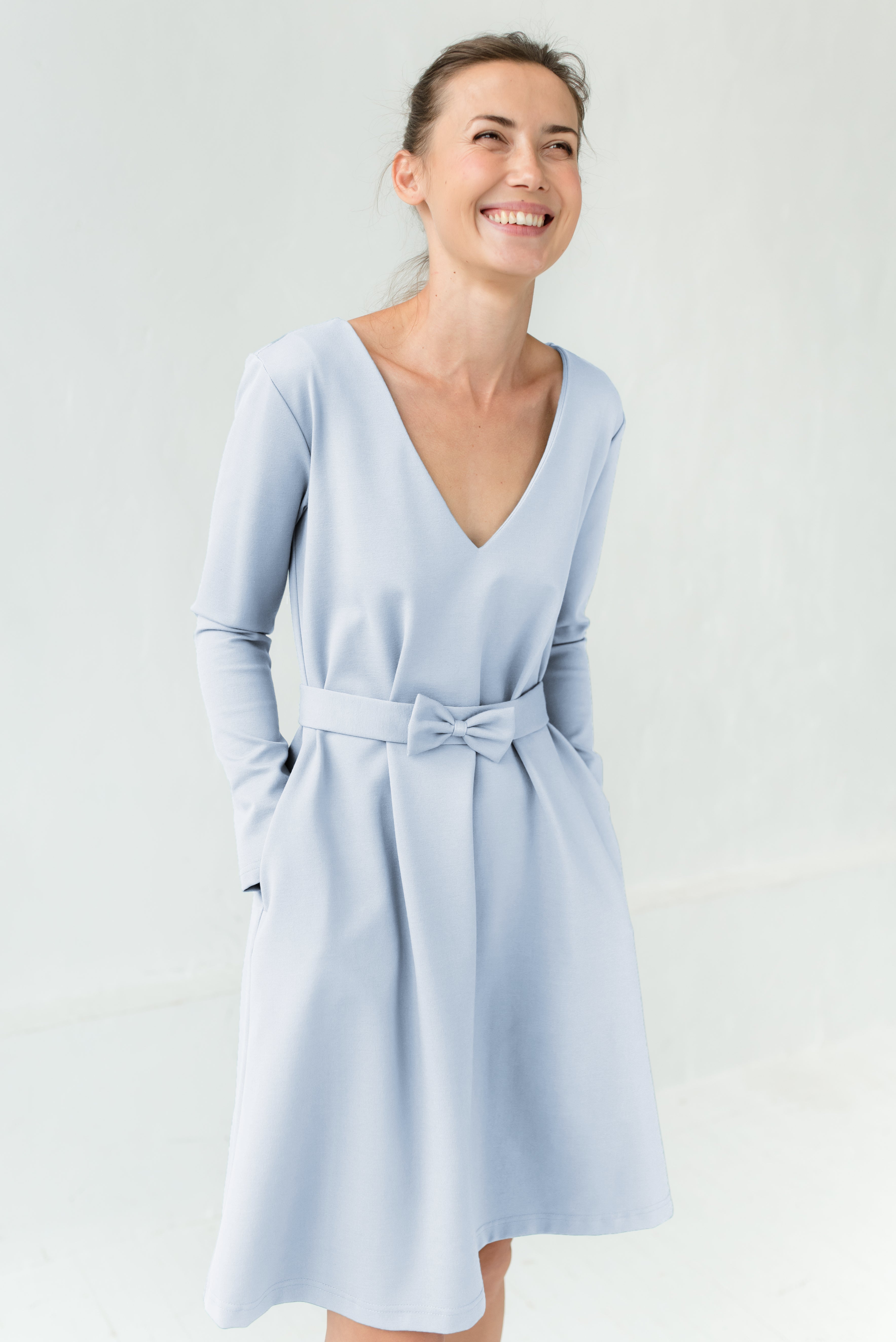 JAZZ — Italian Punto Milano Knit Dress, Belted V-Neck