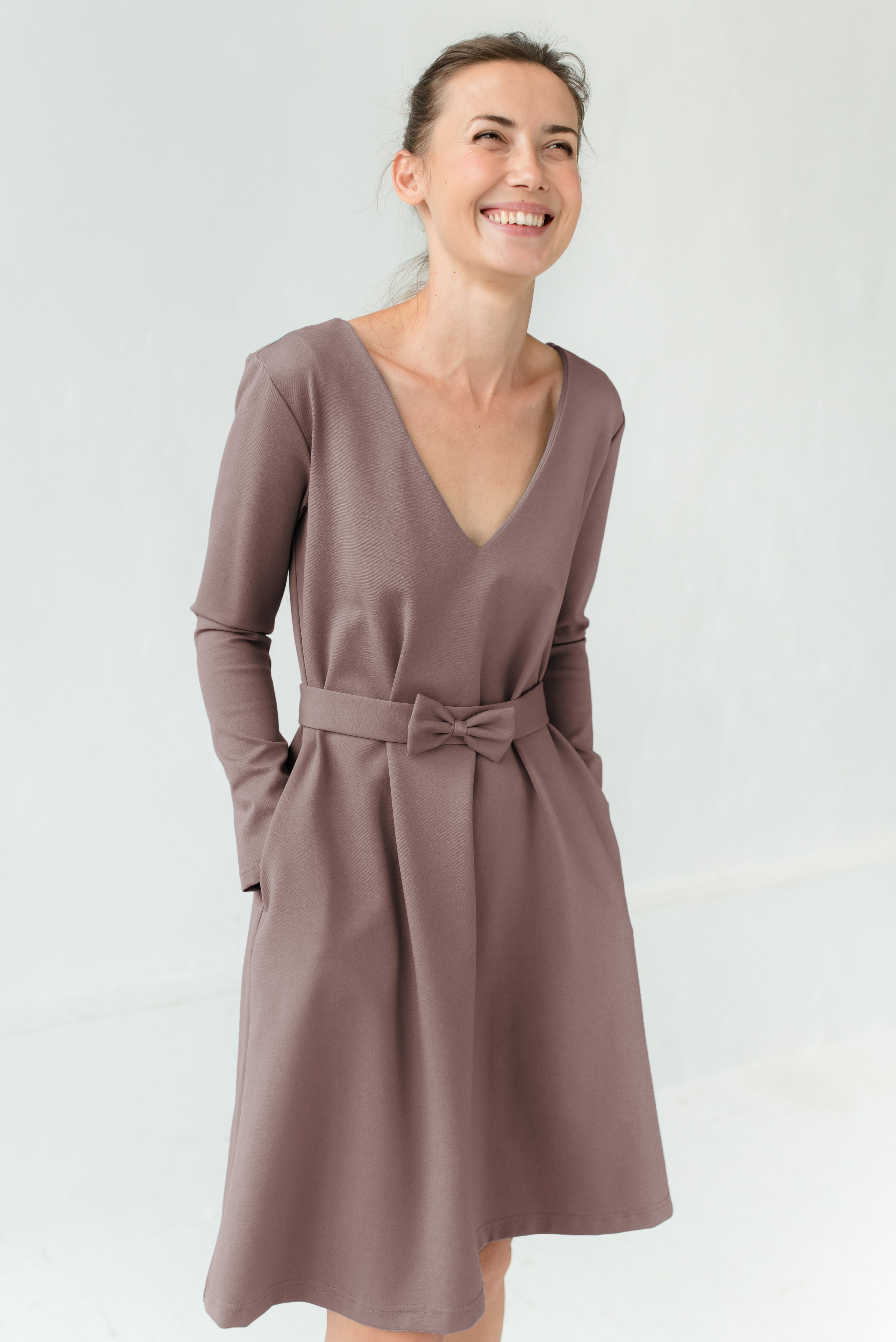 JAZZ — Italian Punto Milano Knit Dress, Belted V-Neck