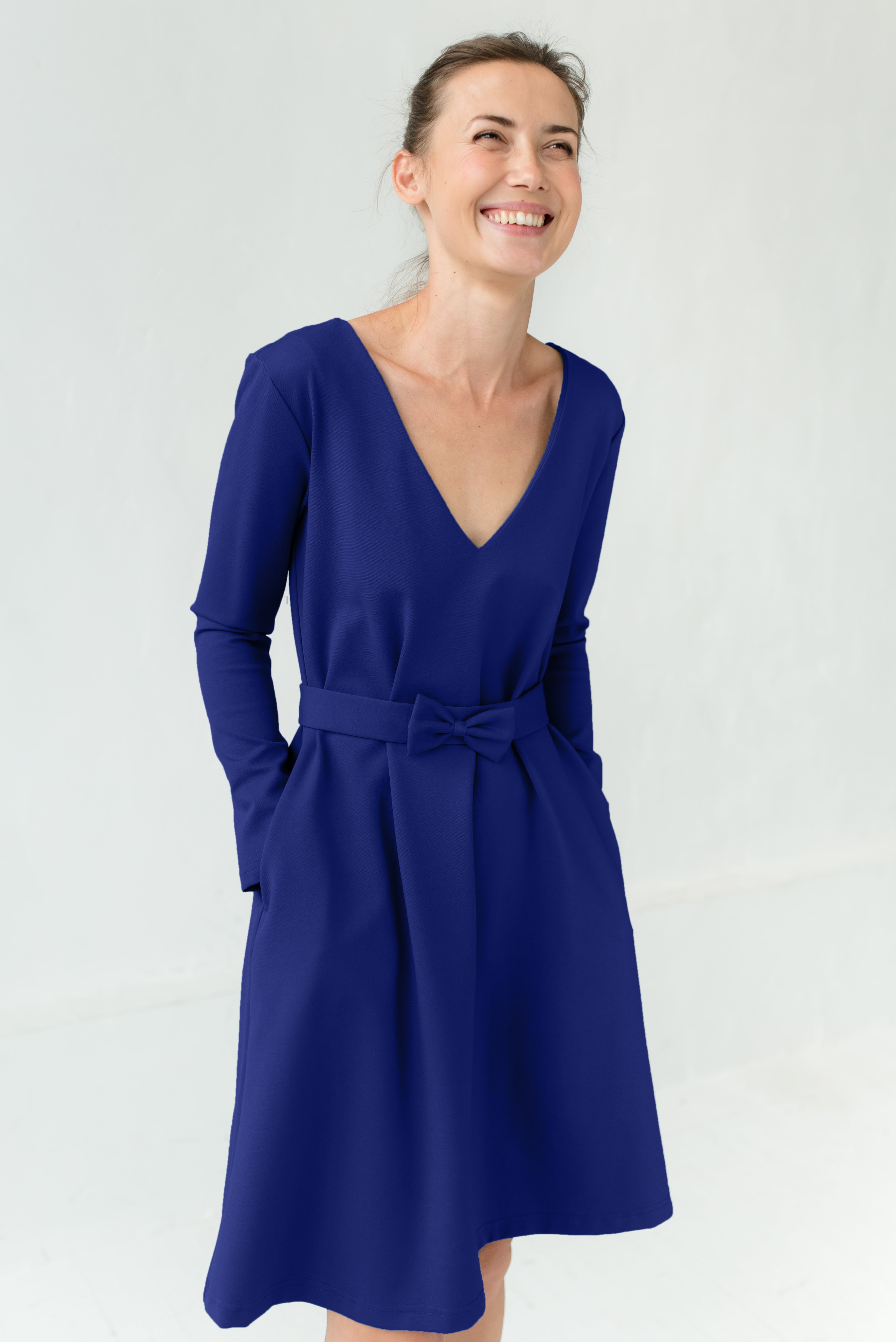 JAZZ — Italian Punto Milano Knit Dress, Belted V-Neck