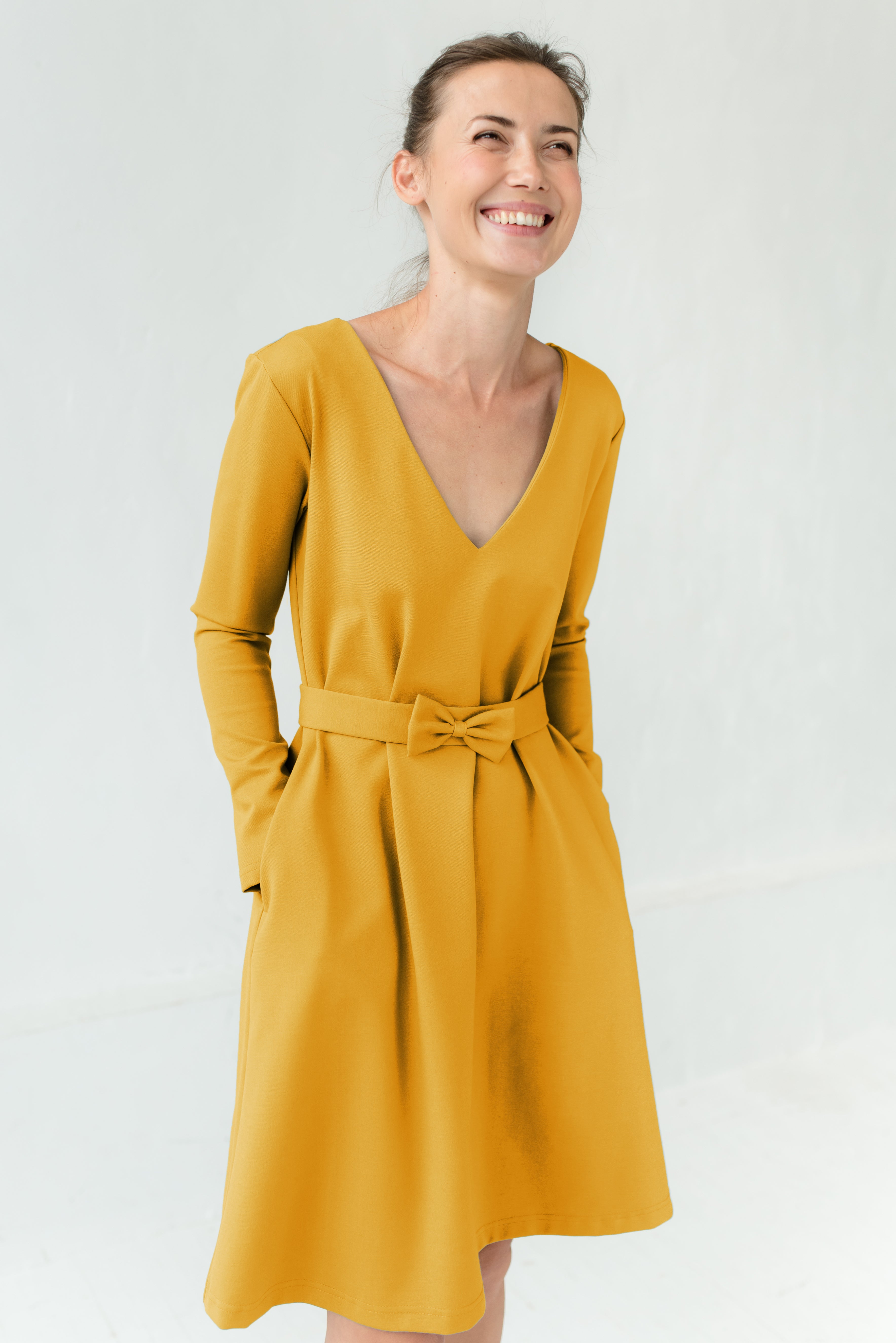 JAZZ — Italian Punto Milano Knit Dress, Belted V-Neck