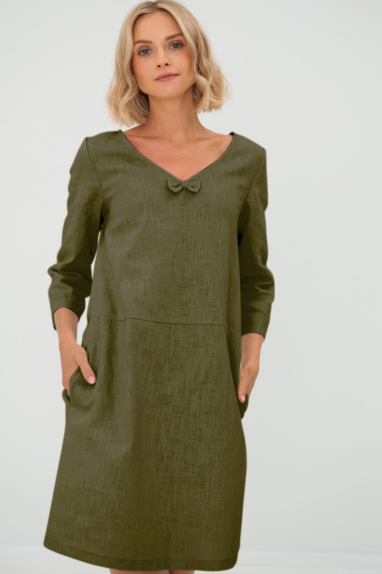 Linen dress SUN — Stonewashed V-Neck Linen Above the Knee Olive Green#Color_Olive Green