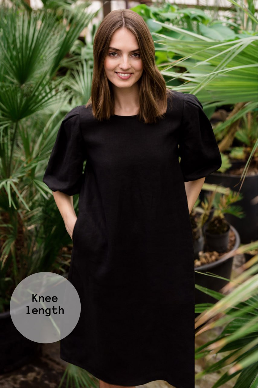 CHARM — Stonewashed Linen Dress, Open Back, Puff Sleeves