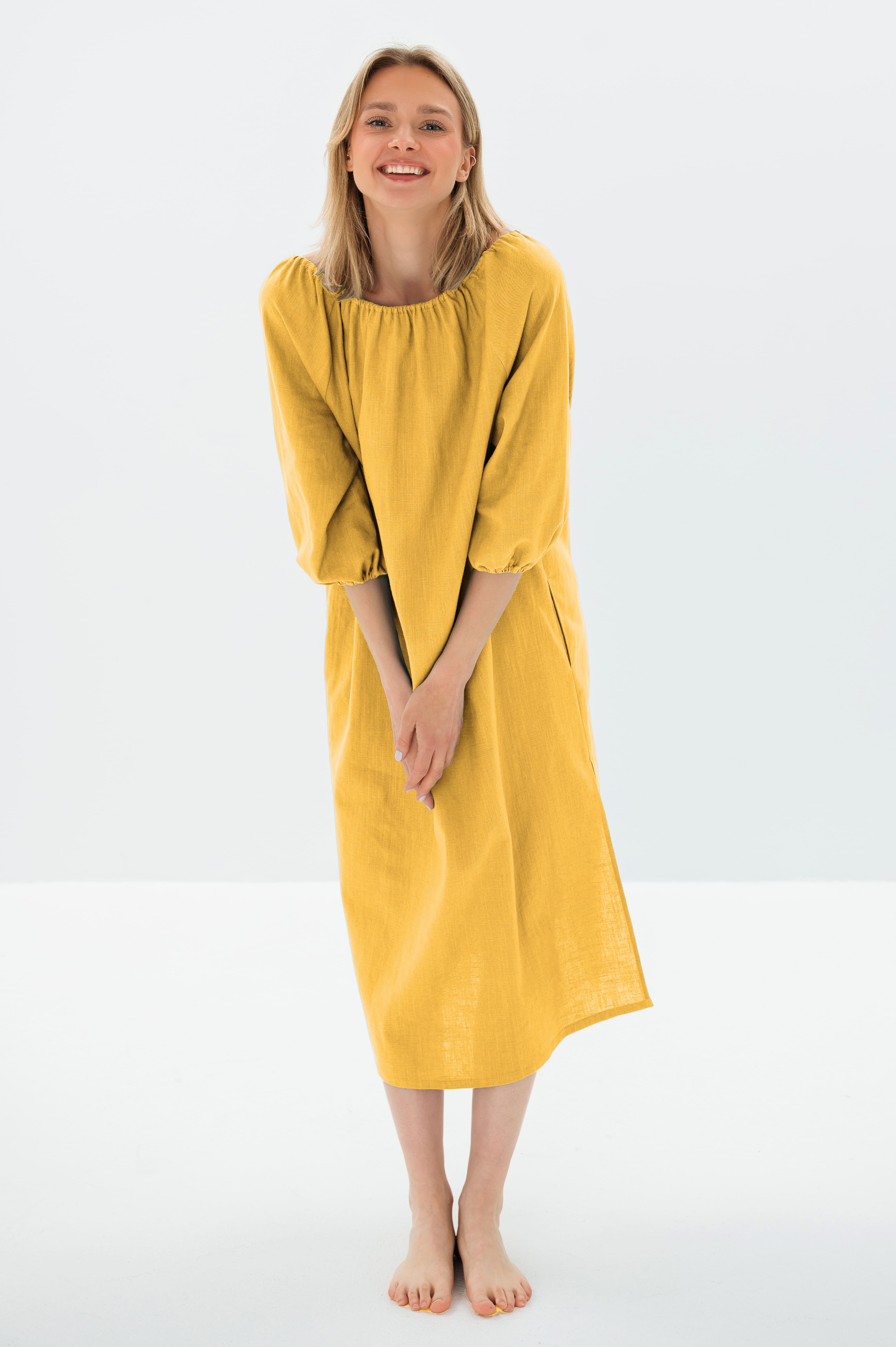 MOON — Off-Shoulder Stonewashed Linen Midi Dress