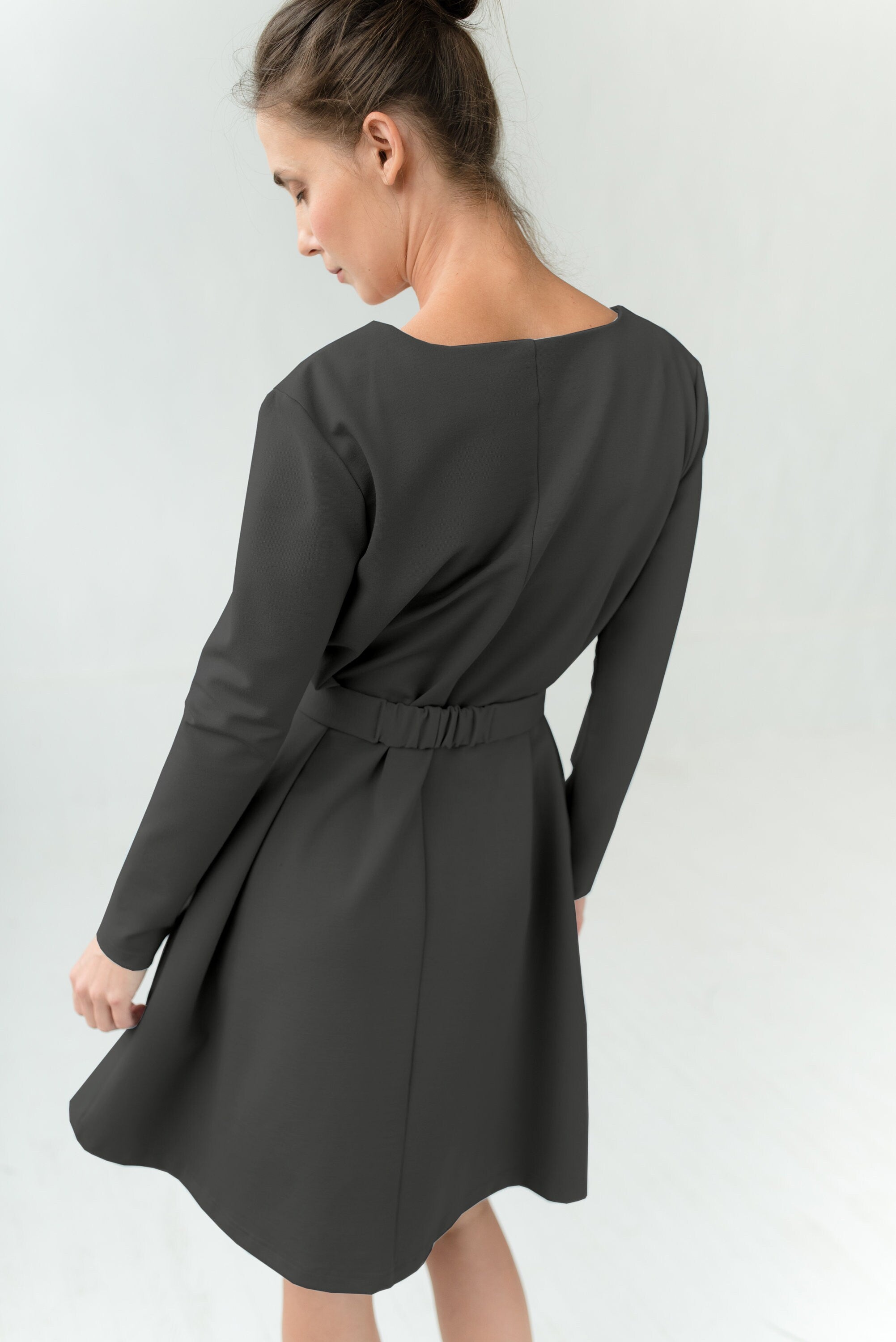JAZZ — Italian Punto Milano Knit Dress, Belted V-Neck