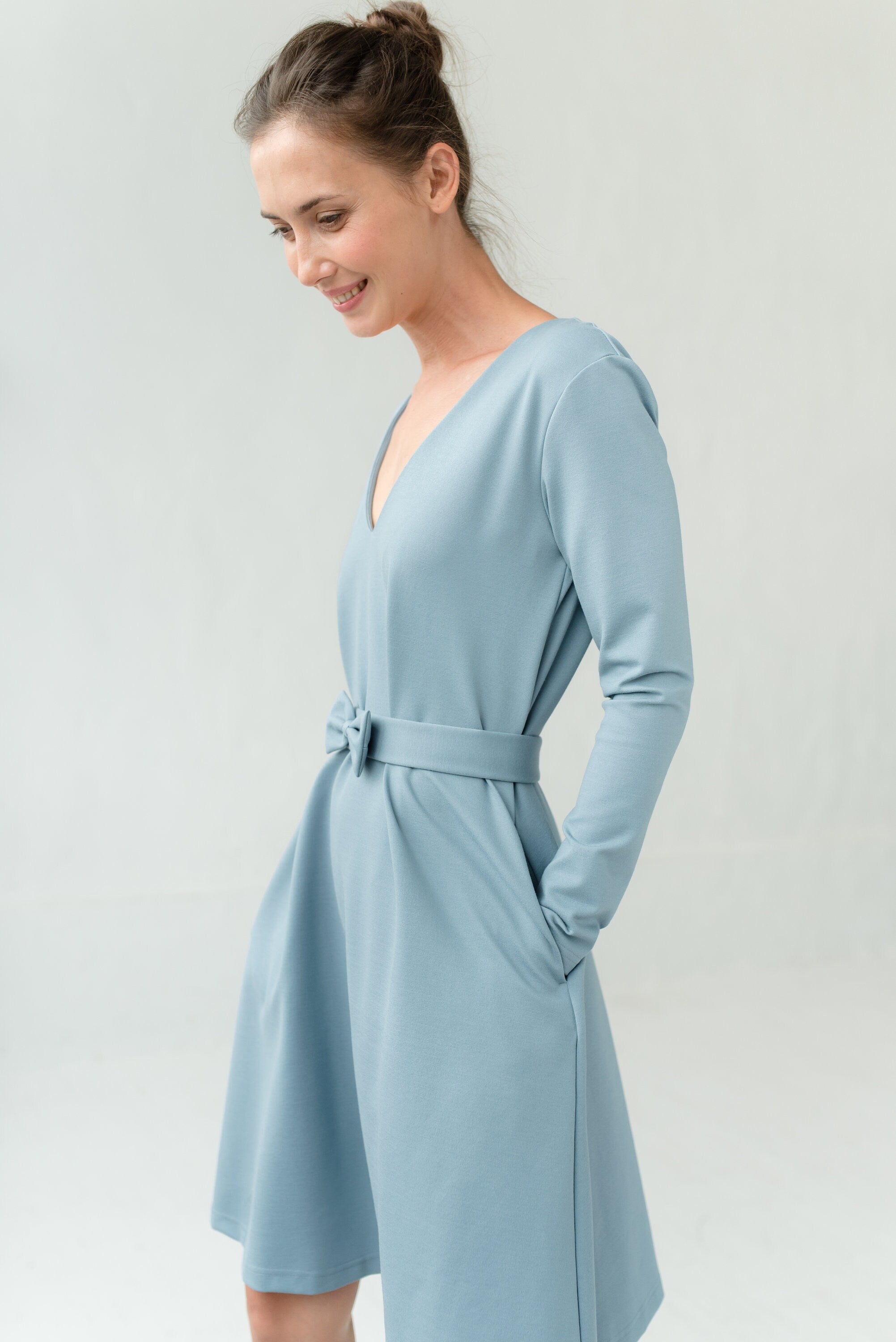 JAZZ — Italian Punto Milano Knit Dress, Belted V-Neck