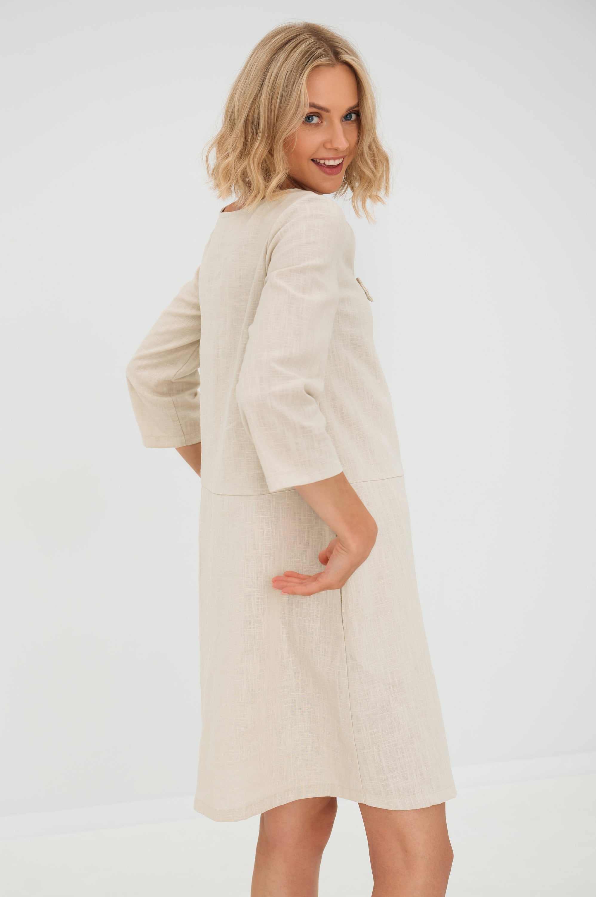 SUN — V-Neck Stonewashed Linen Dress