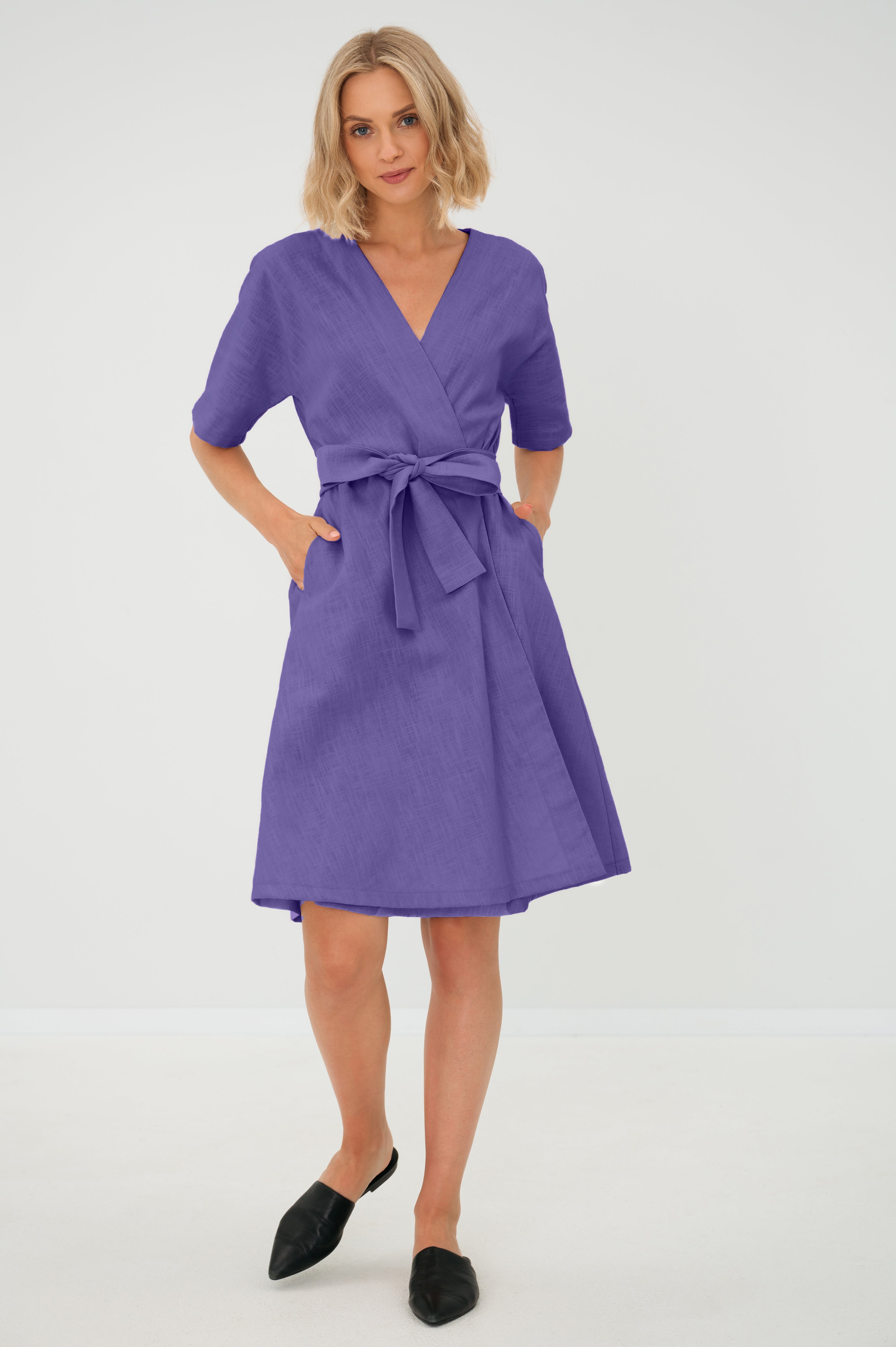 CHLOE — Wrap-Style Linen Dress with Pockets — Purple#Color_Purple