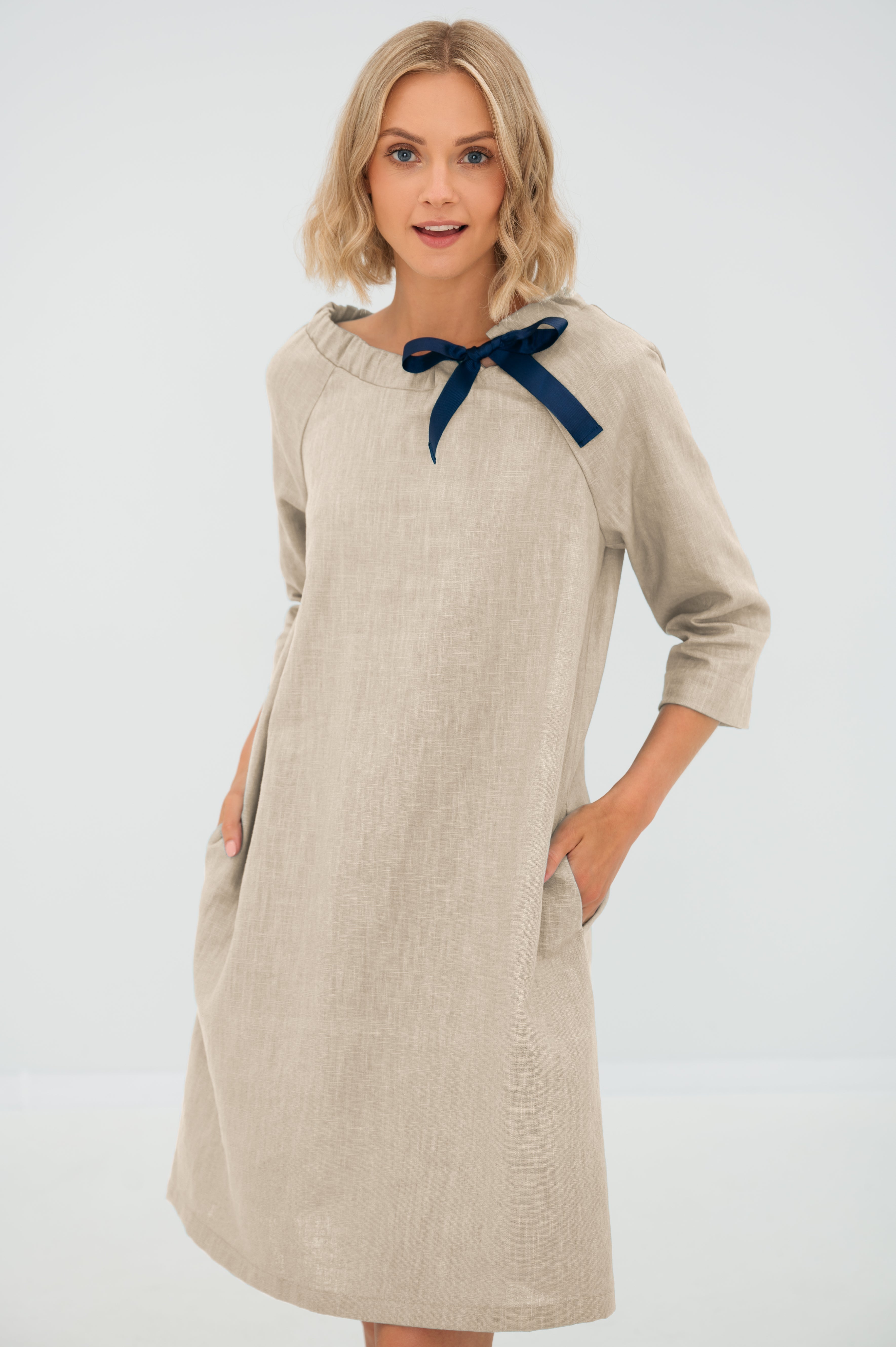 Linen dress FRENCH — Stonewashed Linen with an Adjustable Bow Beige#Color_Beige