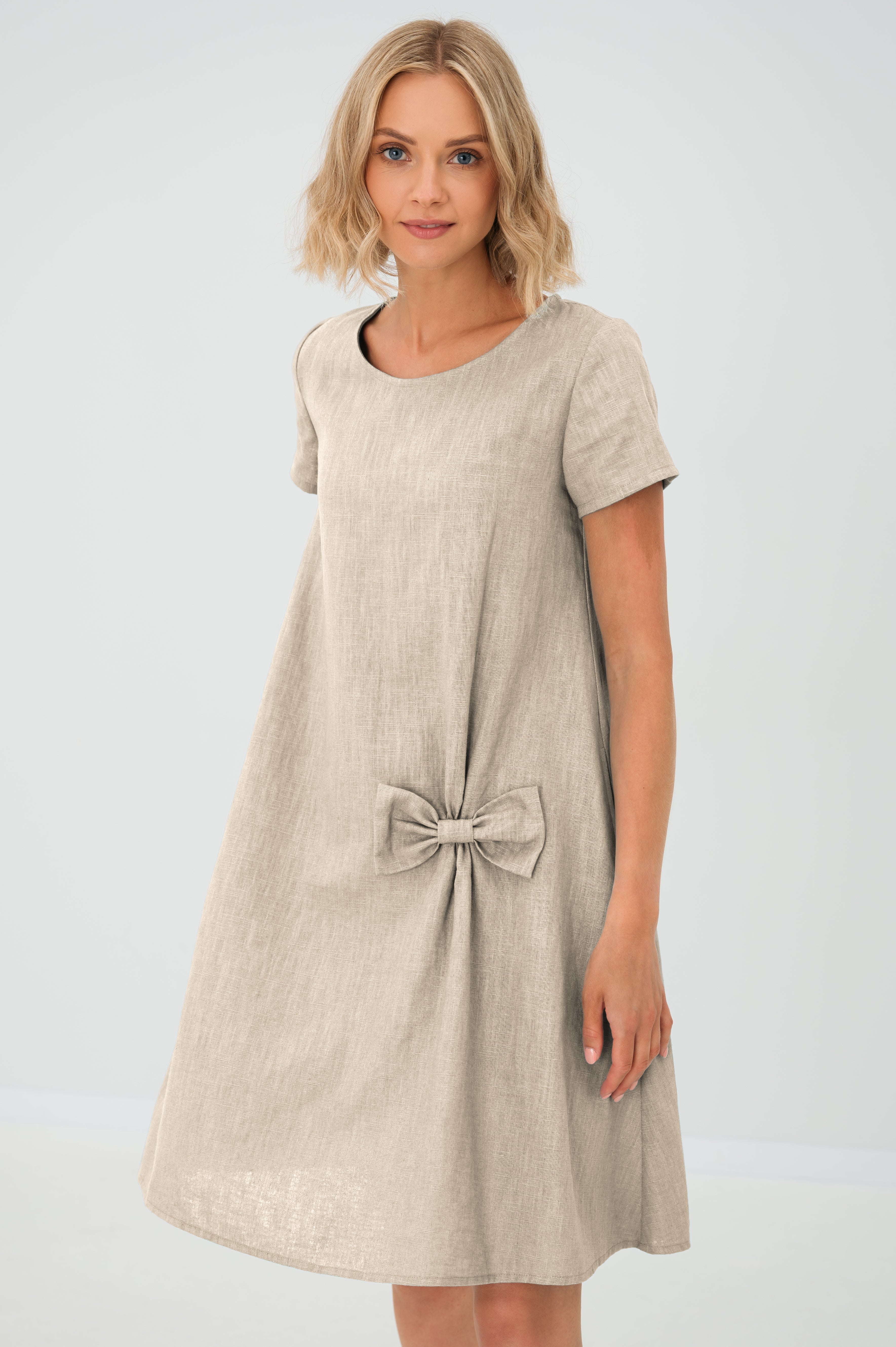 Linen dress SUMMER KISS — Stonewashed Linen with a Bow Beige#Color_Beige
