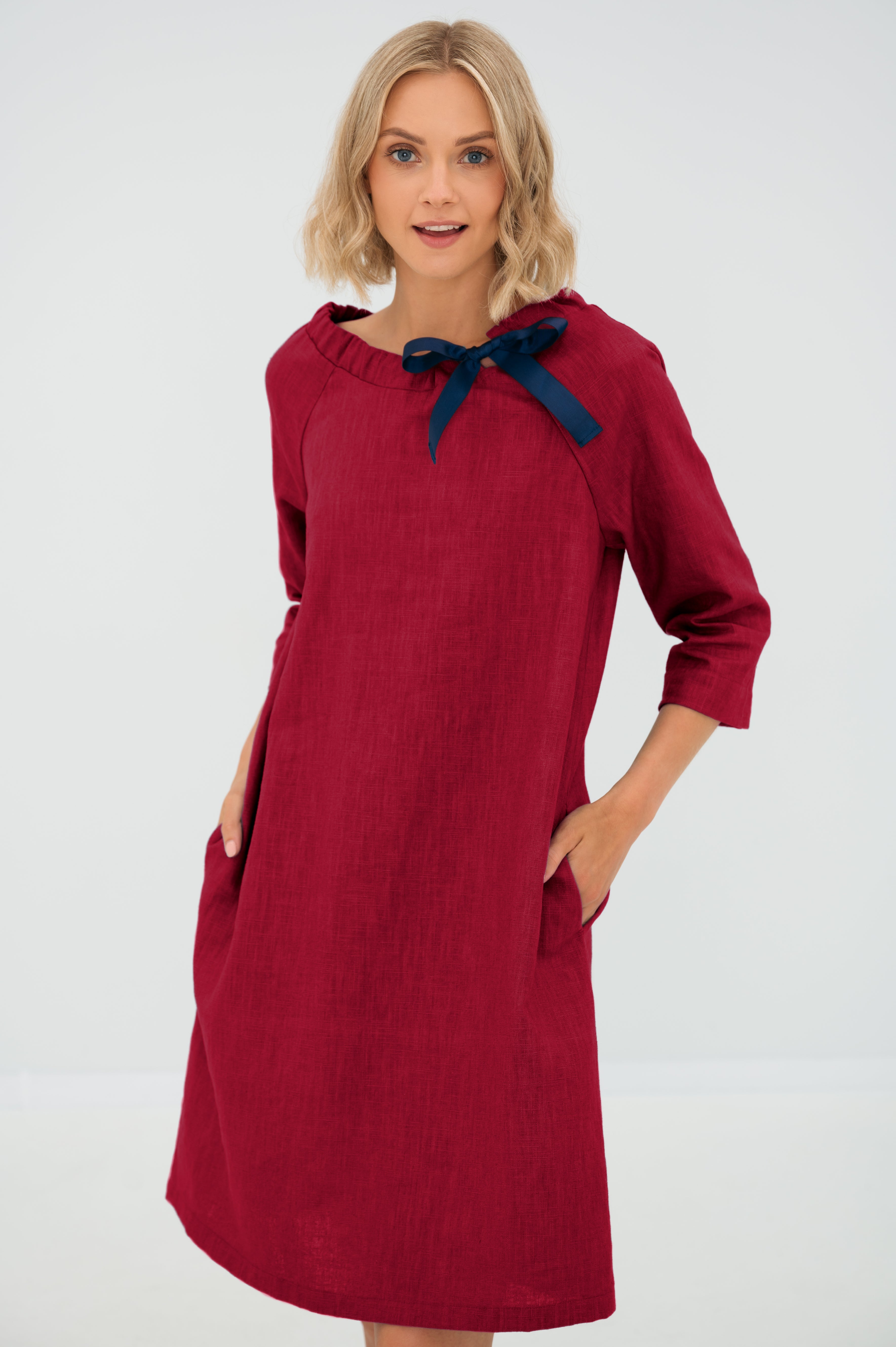 Linen dress FRENCH — Stonewashed Linen with an Adjustable Bow Cerise#Color_Cerise