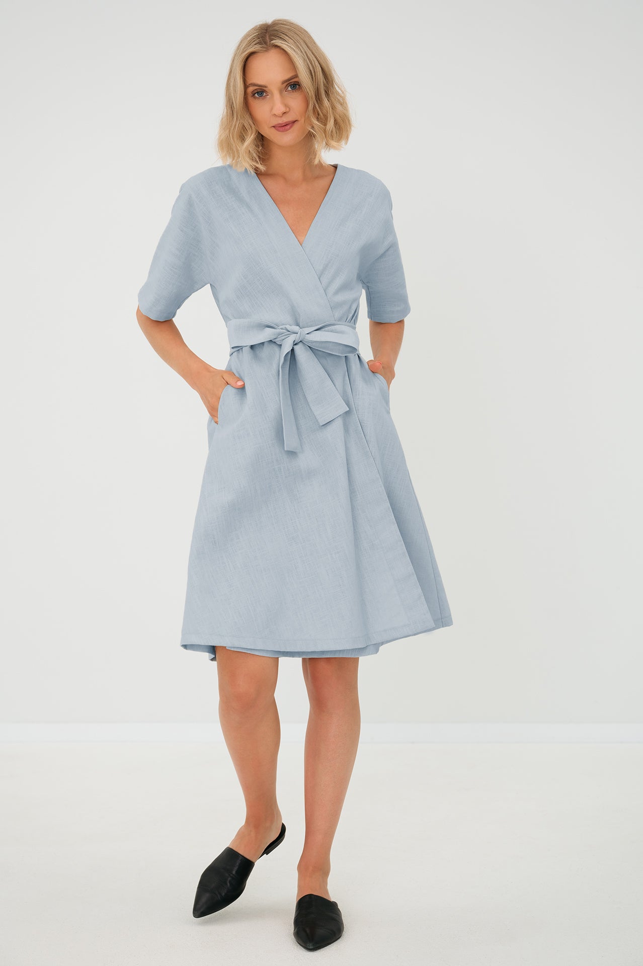 CHLOE — Wrap-Style Linen Dress with Pockets — Light blue#Color_Light blue