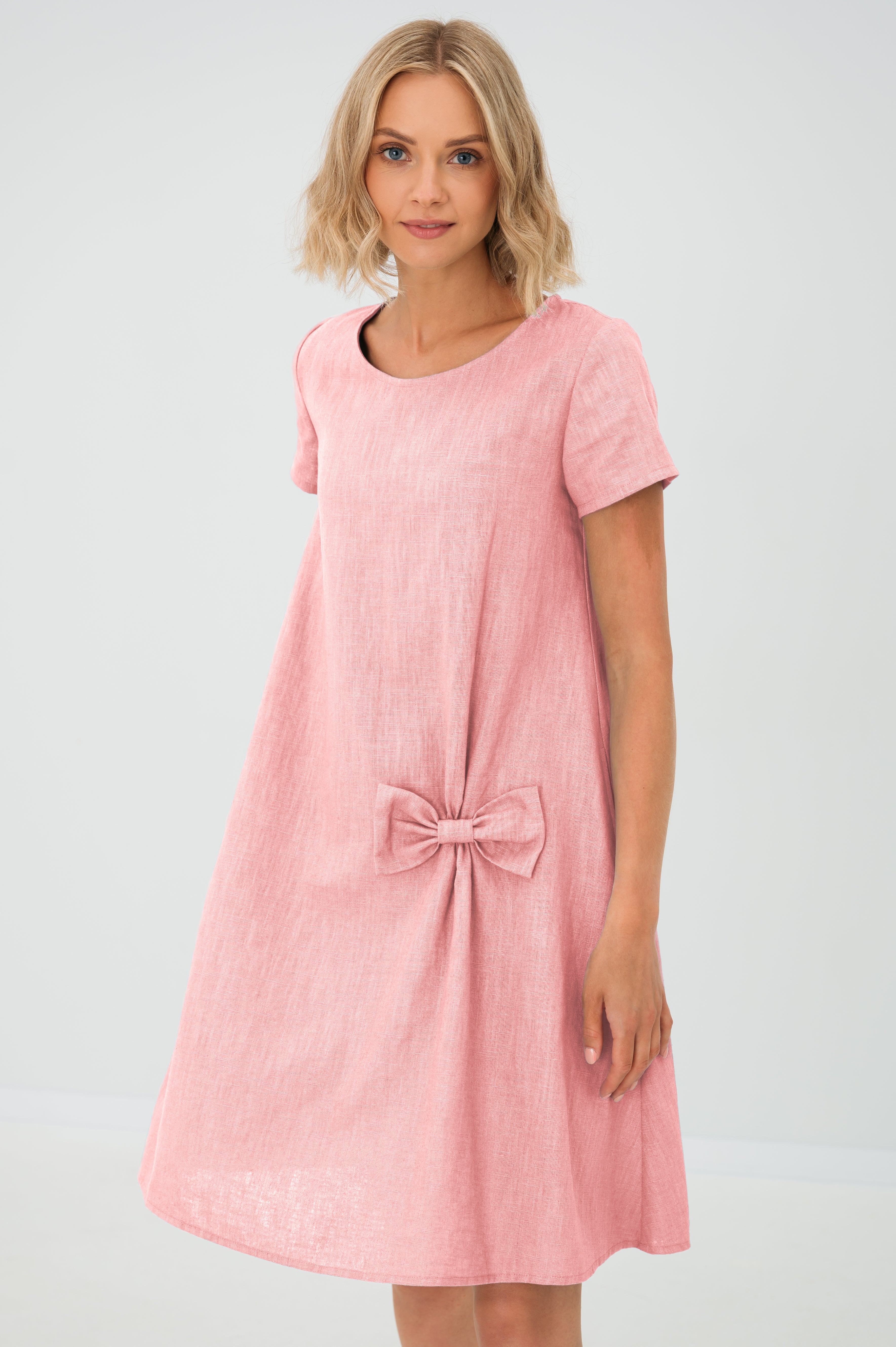 SUMMER KISS — Linen Swing Dress with a Bow — Rose#Color_Rose