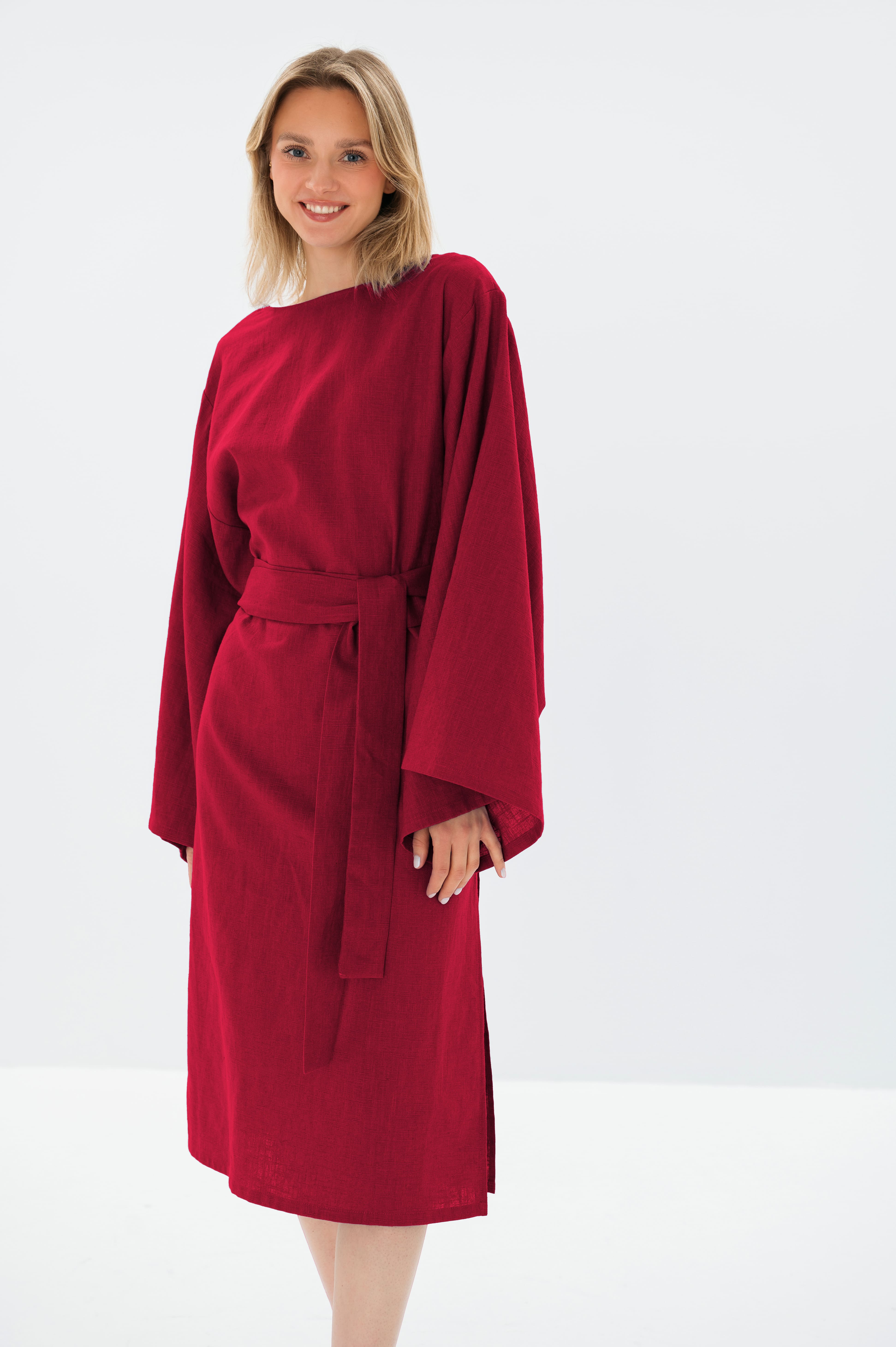 WHISPER — Stonewashed Linen Kimono-Sleeve Midi Dress