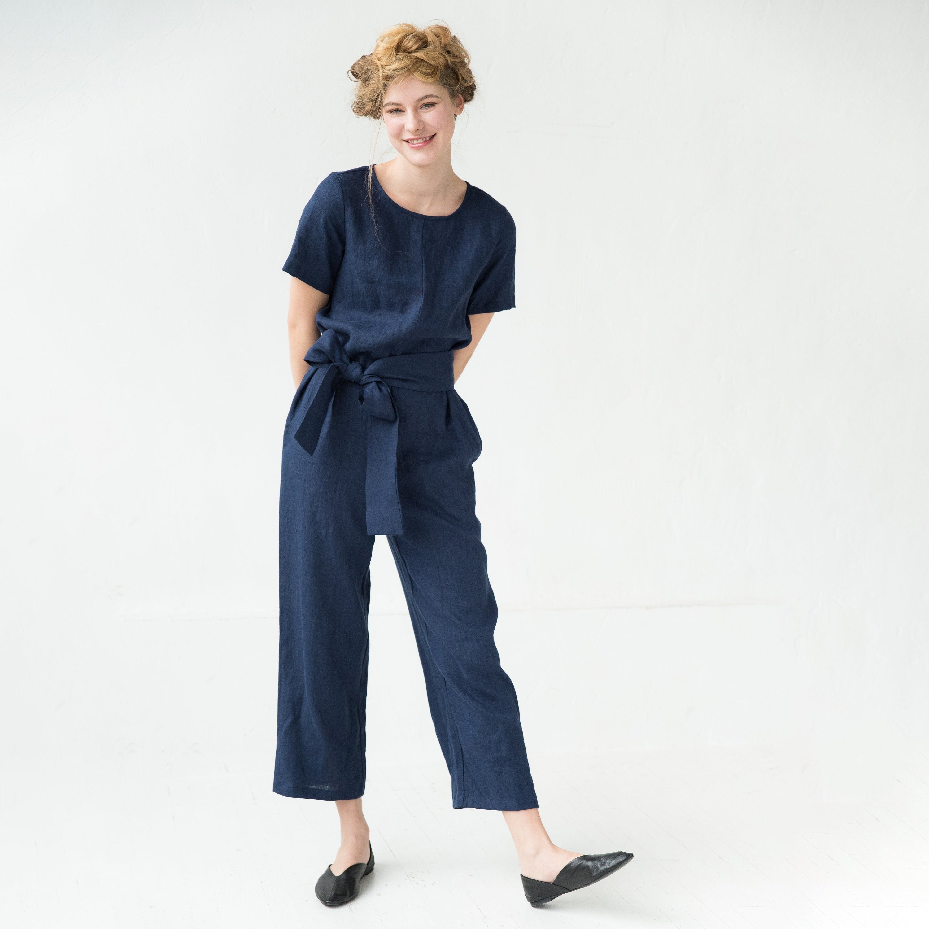AMSTERDAM — Short-Sleeve Linen Jumpsuit, Deep Blue