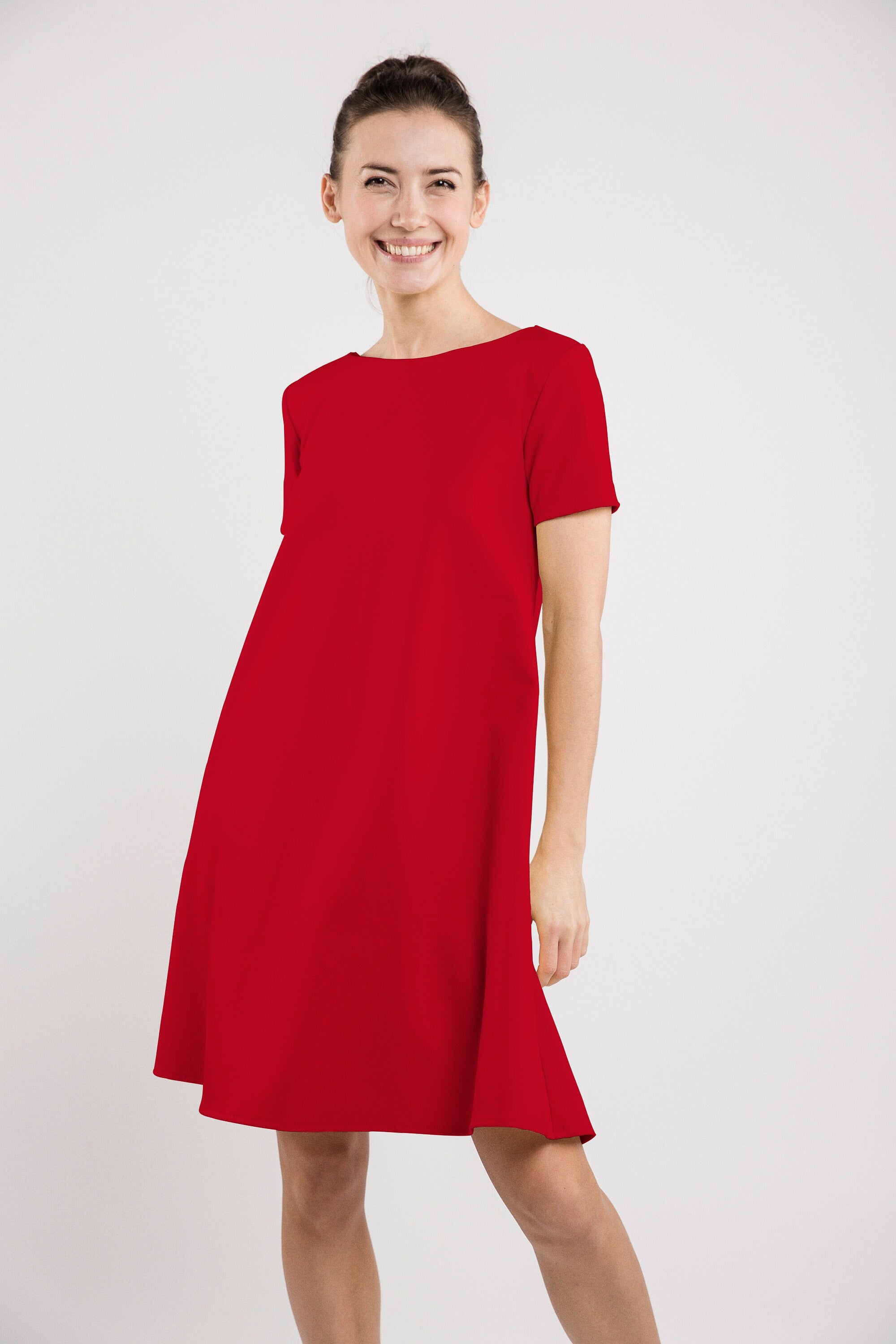 CALMNESS — Robe évasée en maille Punto Milano italienne, rouge