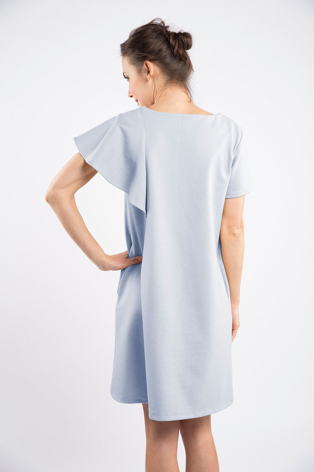 WING — Robe en maille Punto Milano italienne à manches volantées