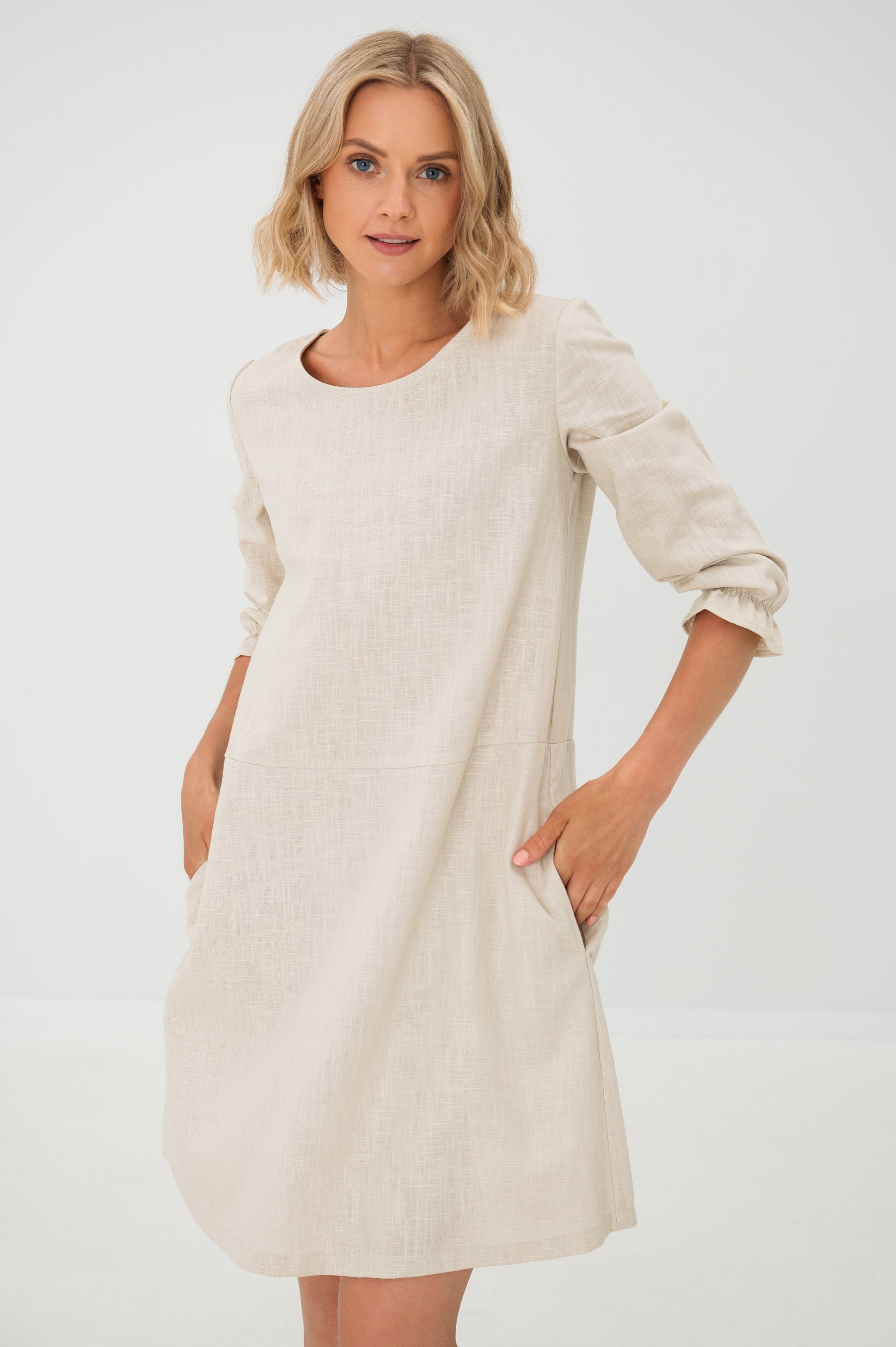 EMMA — Stonewashed Linen Dress With Pockets and Tie Belt
